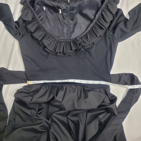 VINTAGE 60s dress black ruffle long sleeve scoop neck midi S - Picture 10 of 11